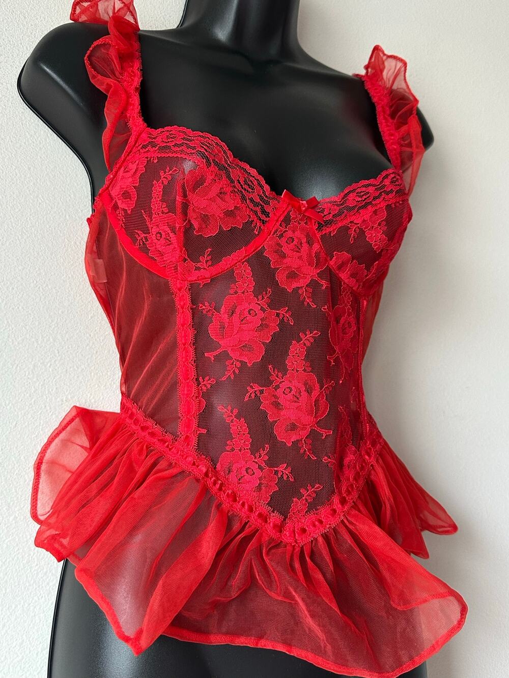 Vintage 80s E Bole. Red Sheer Lace Peplum Cami Lingerie Top Made in USA Size S